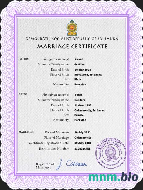 Sri Lanka akt małżeństwa PSD szablon
